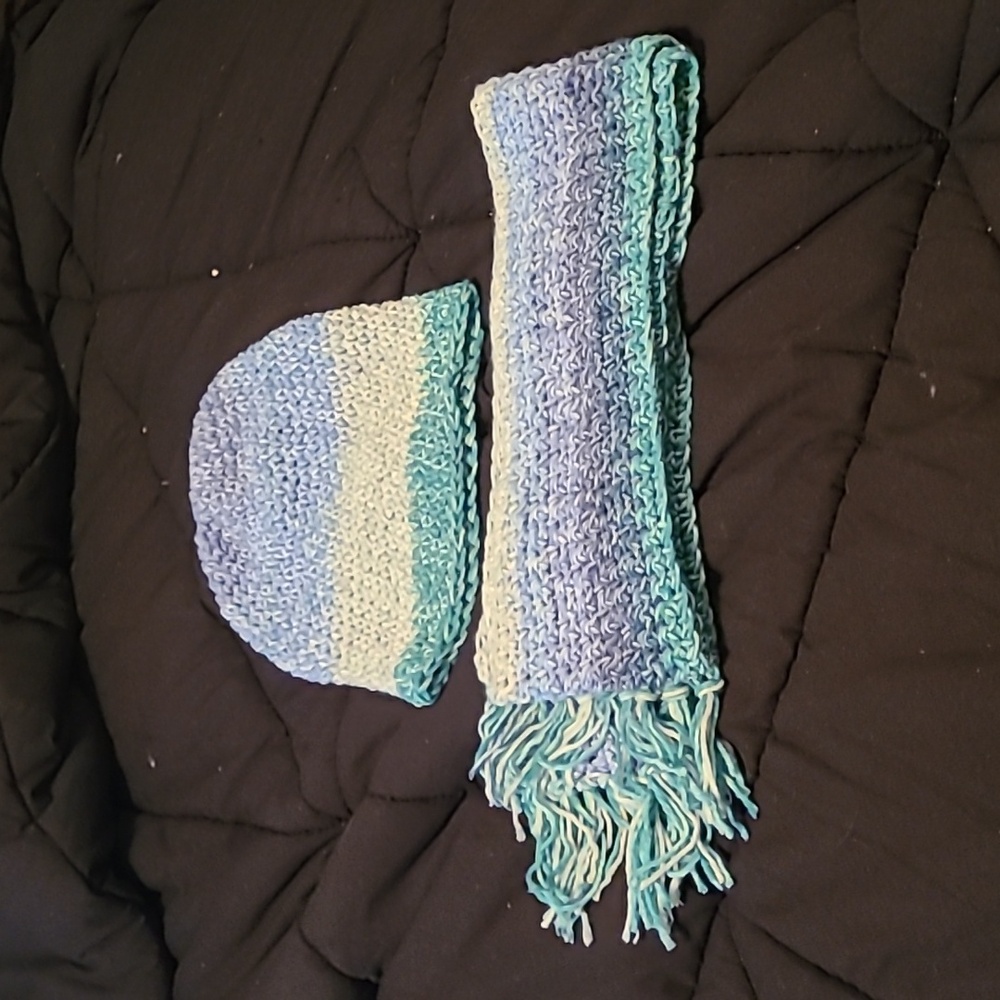 Thrifted blue knit hat and scarf